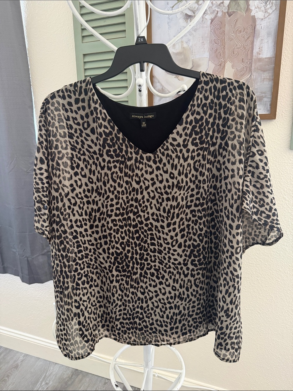Always Indigo Women's Leopard V-Neck Blouse in Black and Tan